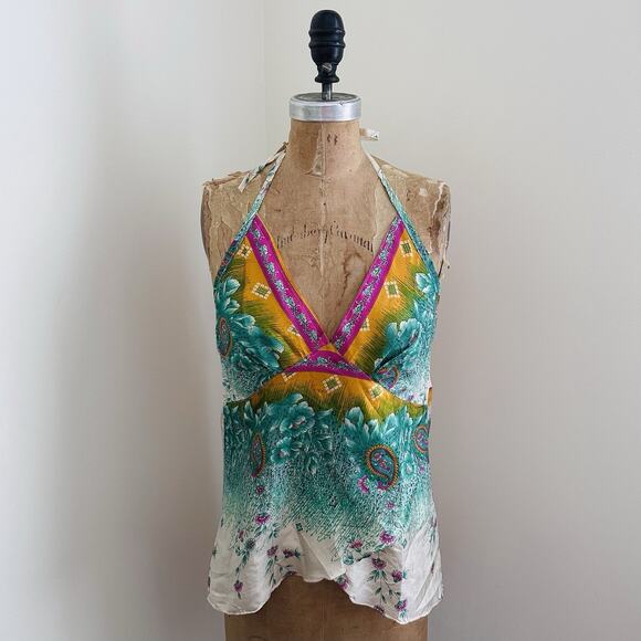 Vintage Tops - Vintage Handkerchief Halter Top Blouse Y2K 90s Size Medium Tie Back 100% Silk